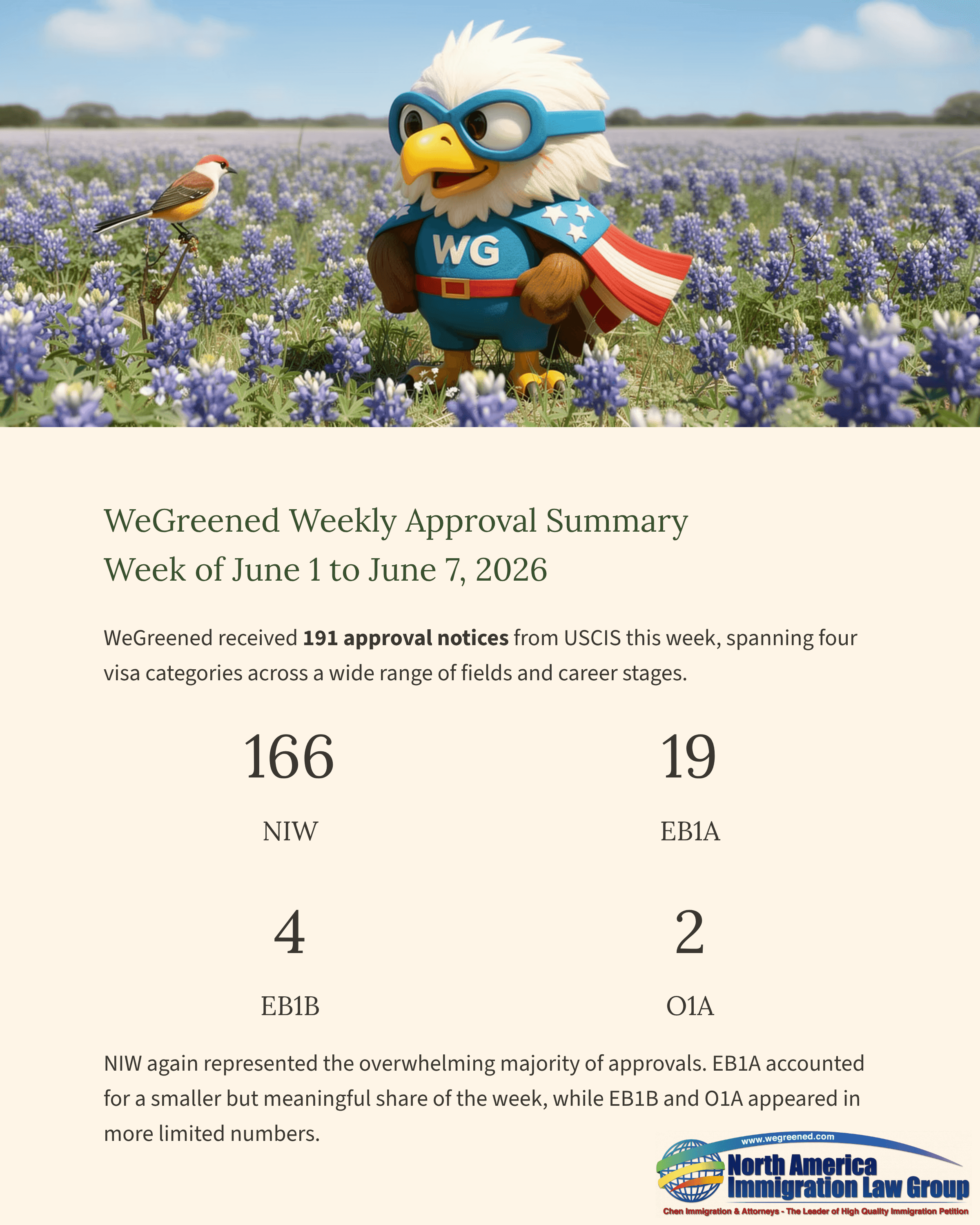 Superhero eagle mascot in a bluebonnet field above a WeGreened weekly immigration approval summary.