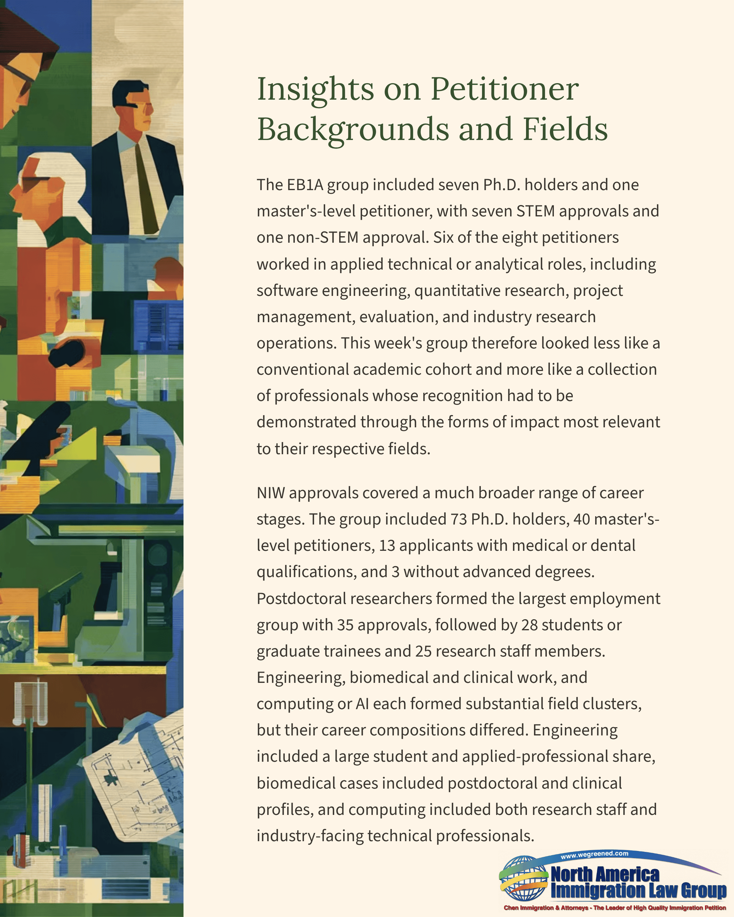 Document outlining insights into diverse petitioner backgrounds and their professional fields.