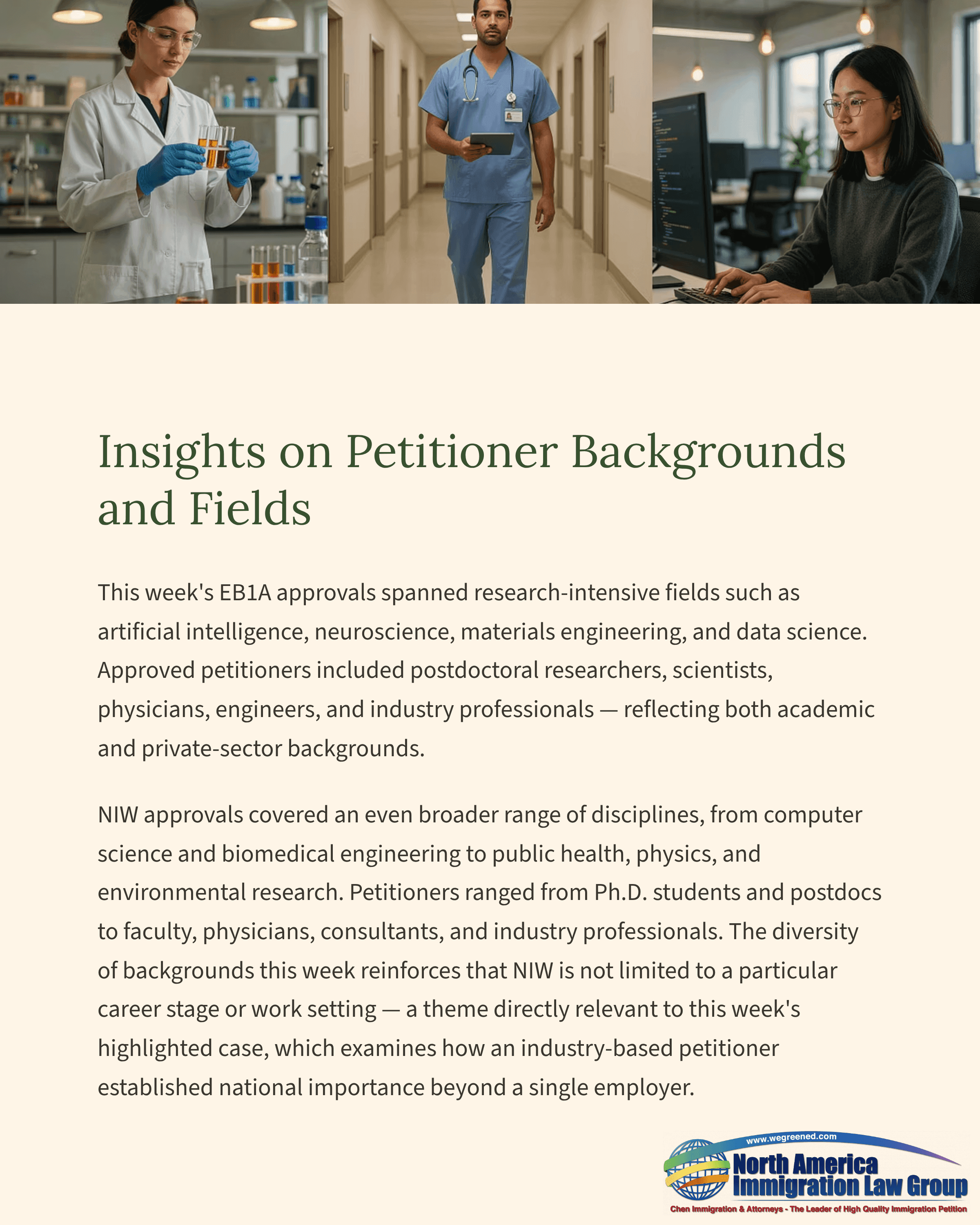 Scientists, doctors, and professionals in lab, hospital, and office settings for research.