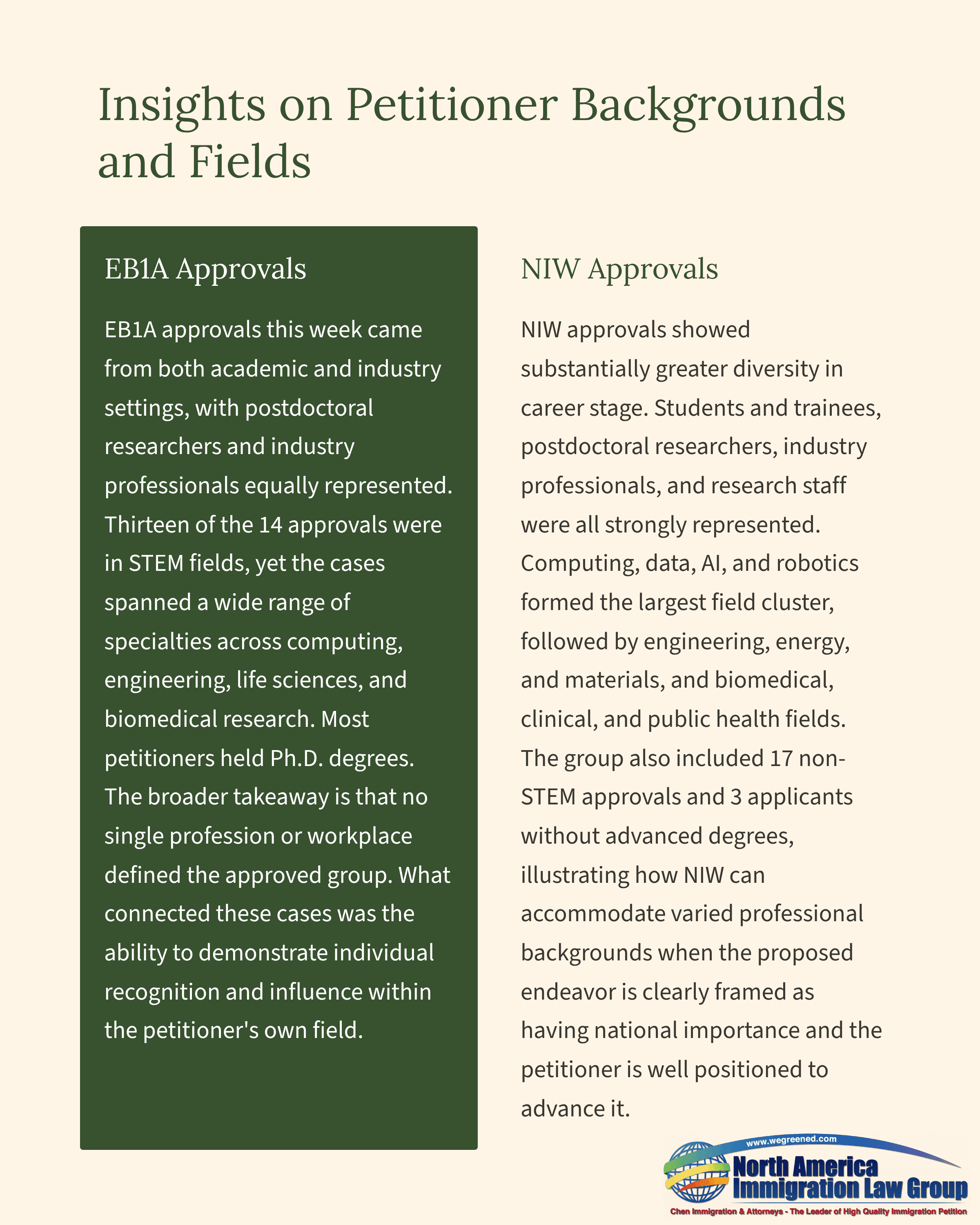 Document titled 'Insights on Petitioner Backgrounds and Fields' with EINA and NIW Approvals sections.