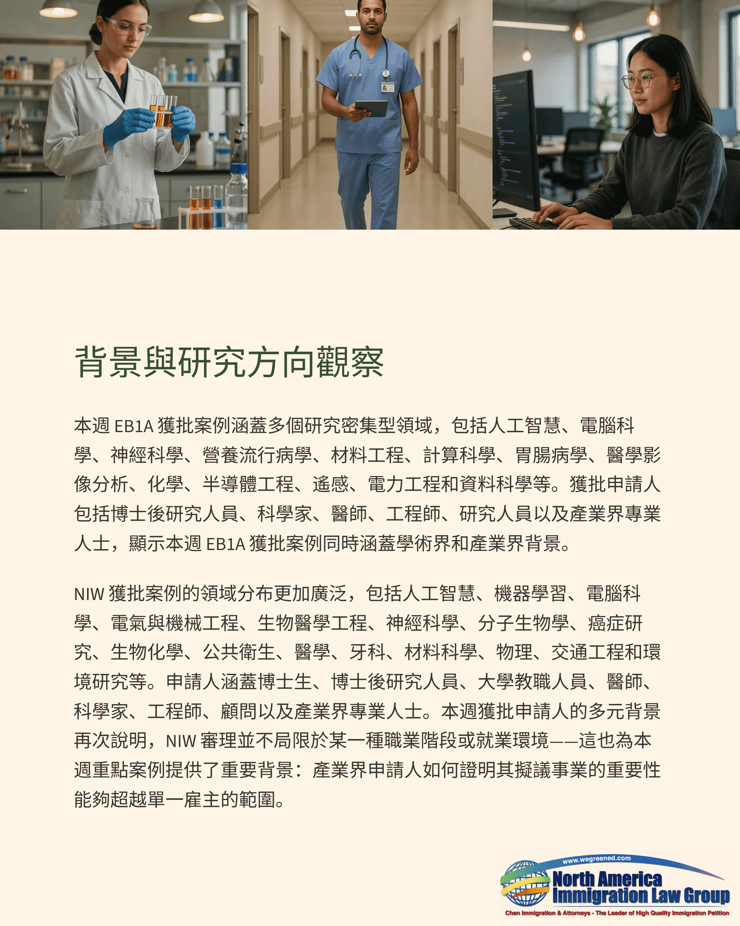 Diverse professionals: woman in lab, doctor in hospital, and woman working in office.