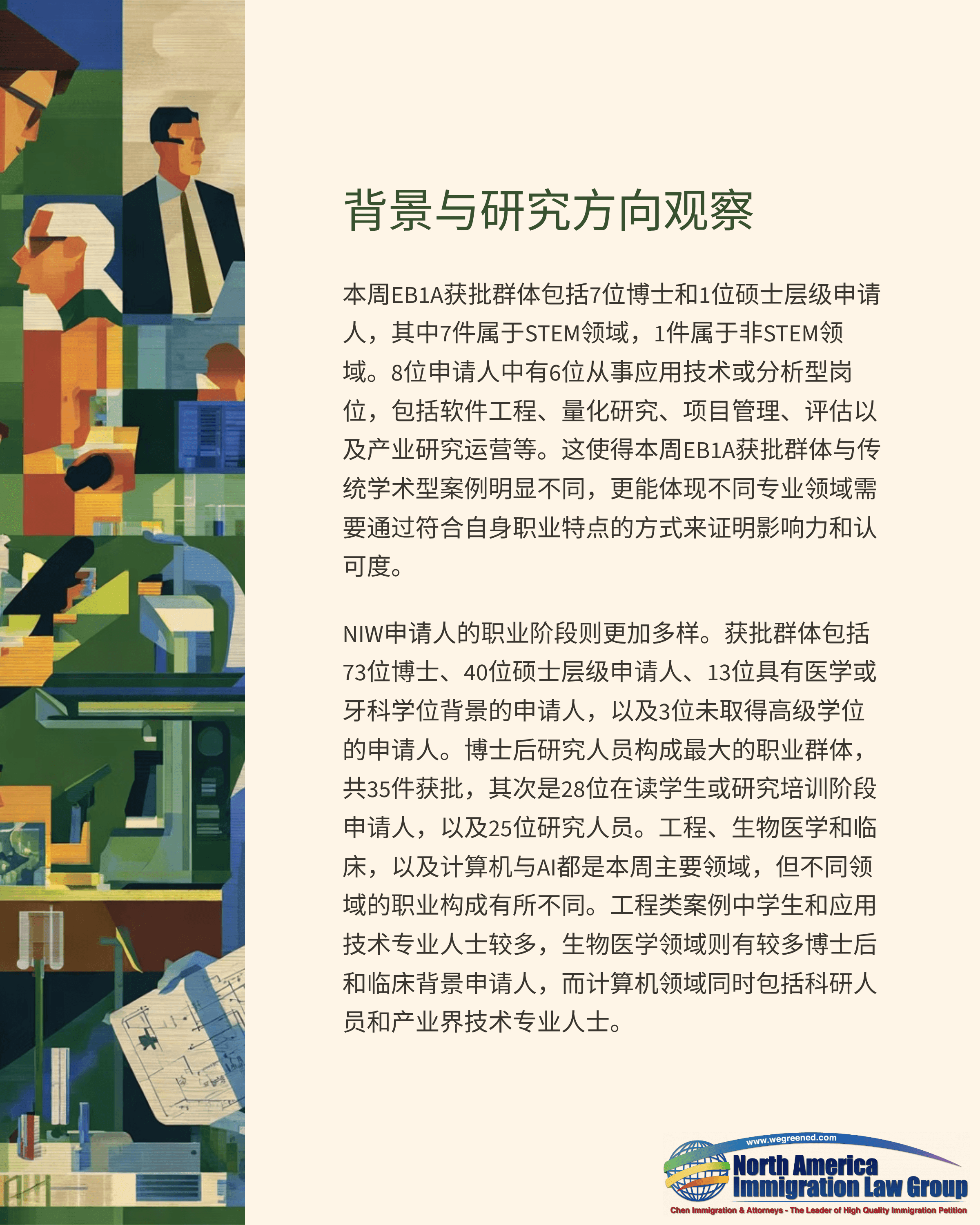 Graphic of professionals alongside Chinese text about background and research direction.