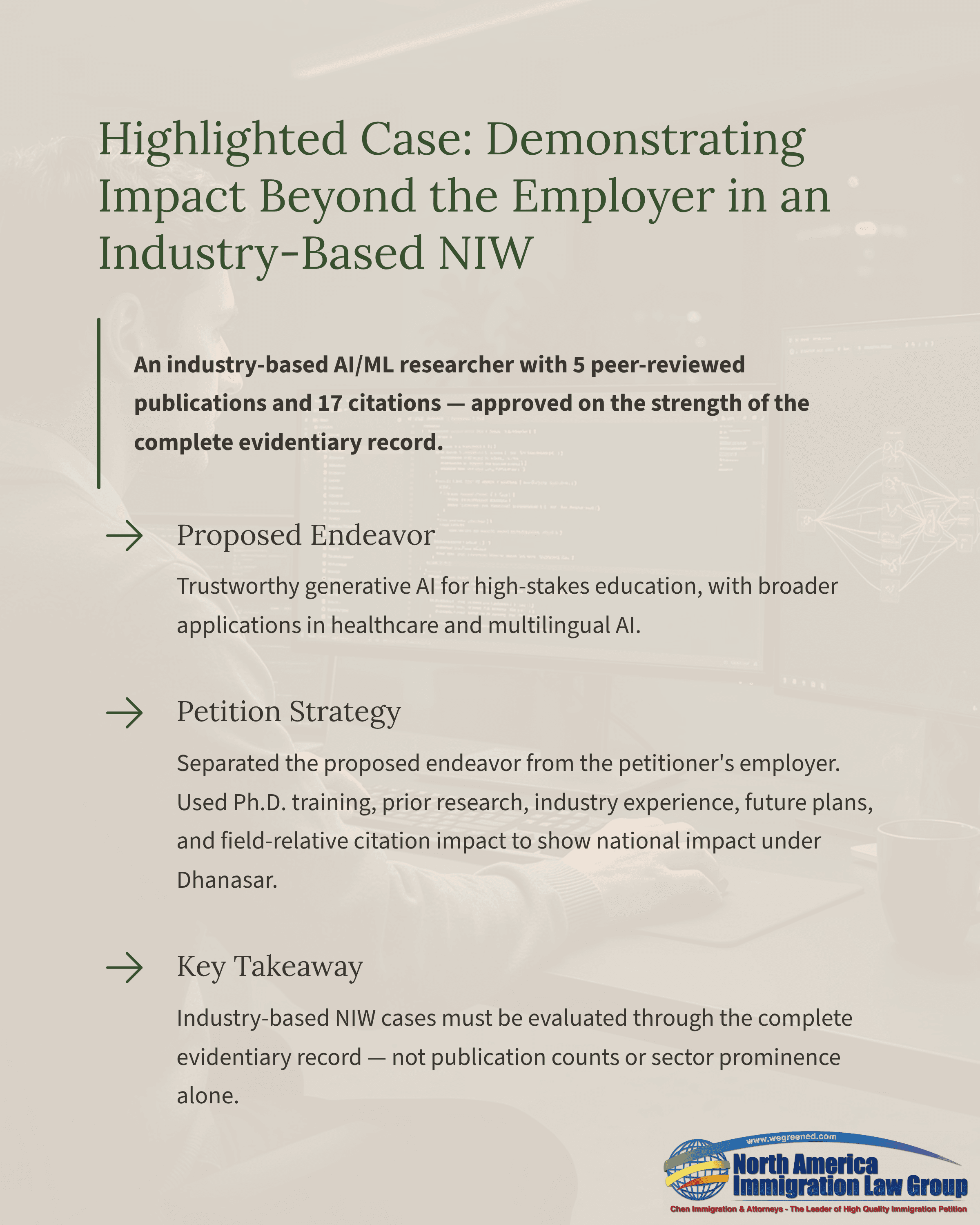 Summary of an industry-based National Interest Waiver case demonstrating national impact.