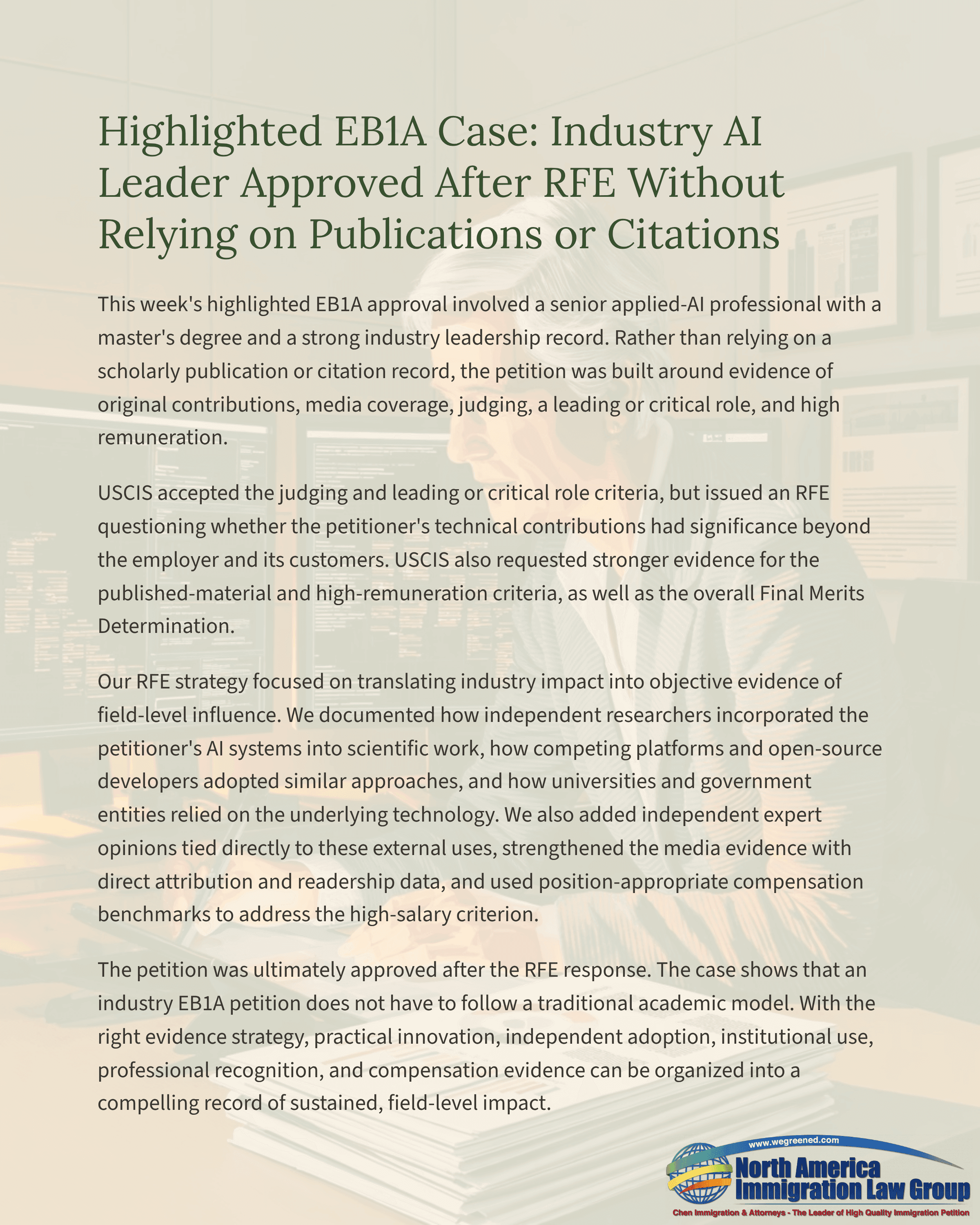 Headline: Industry AI leader approved after RFE without publications or citations.