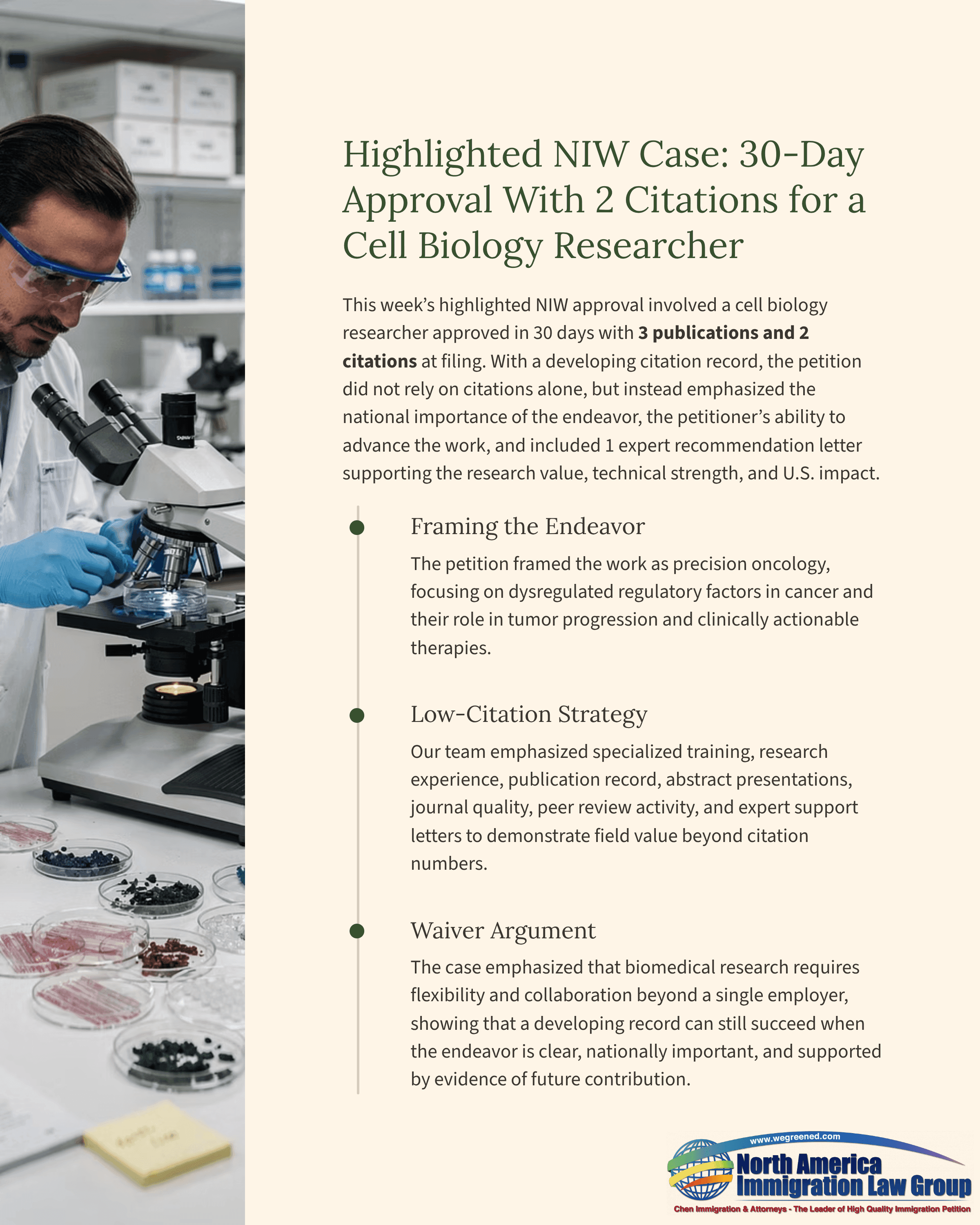 A cell biology researcher in a lab coat uses a microscope, next to a case study document.