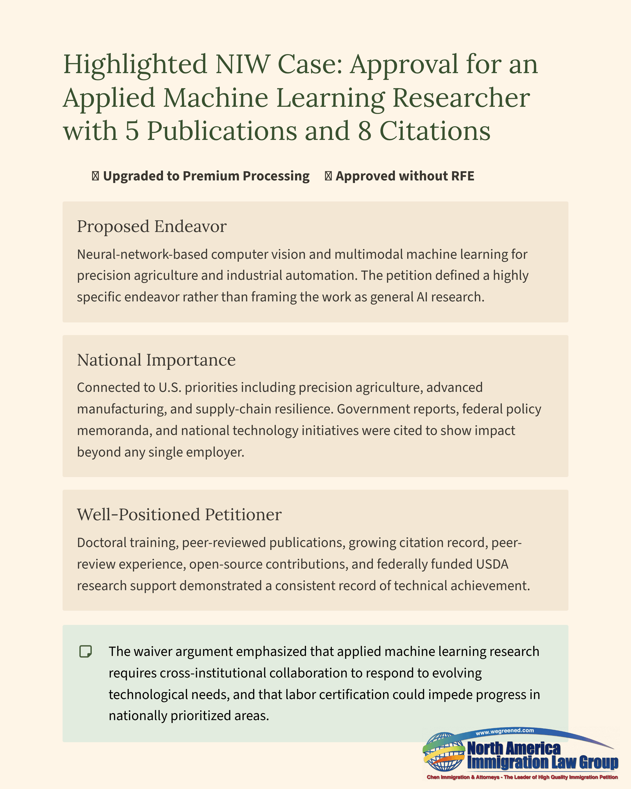 Document detailing National Interest Waiver approval for an applied machine learning researcher with publications.
