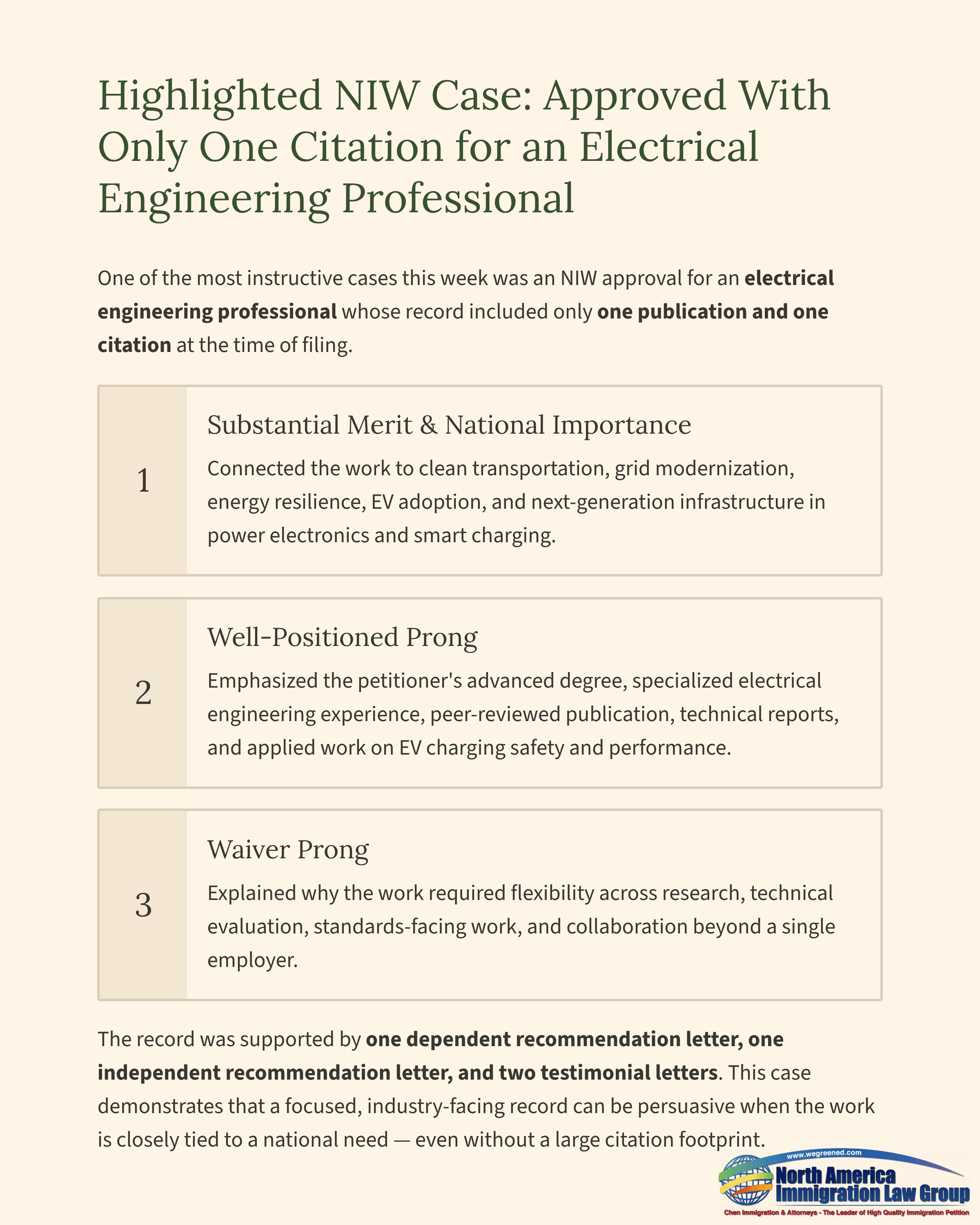Document showing an approved NTW case for an electrical engineering professional with one citation.