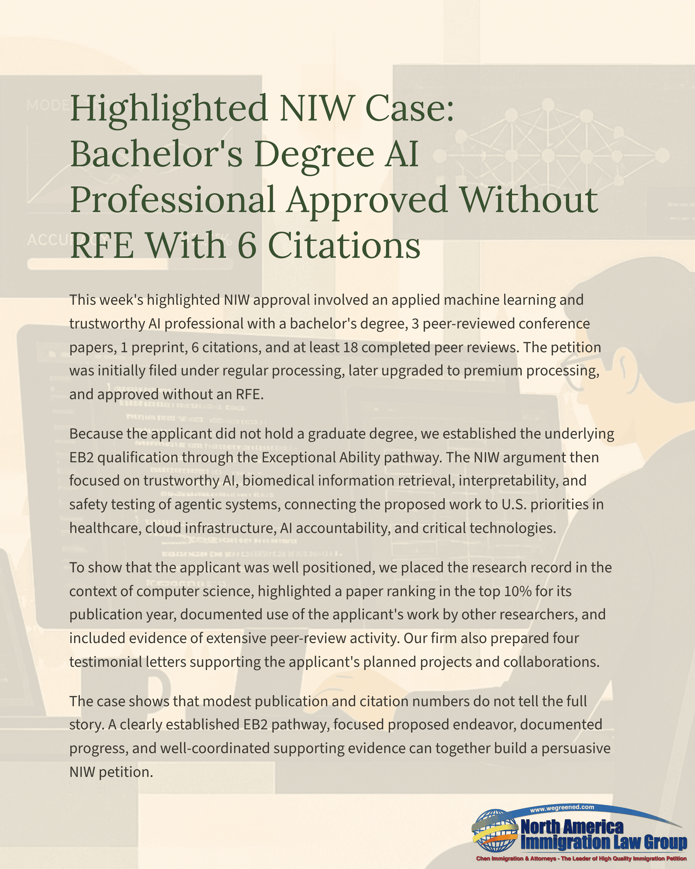 Highlighted NIW case for an AI professional with a bachelor's degree, approved without RFE.