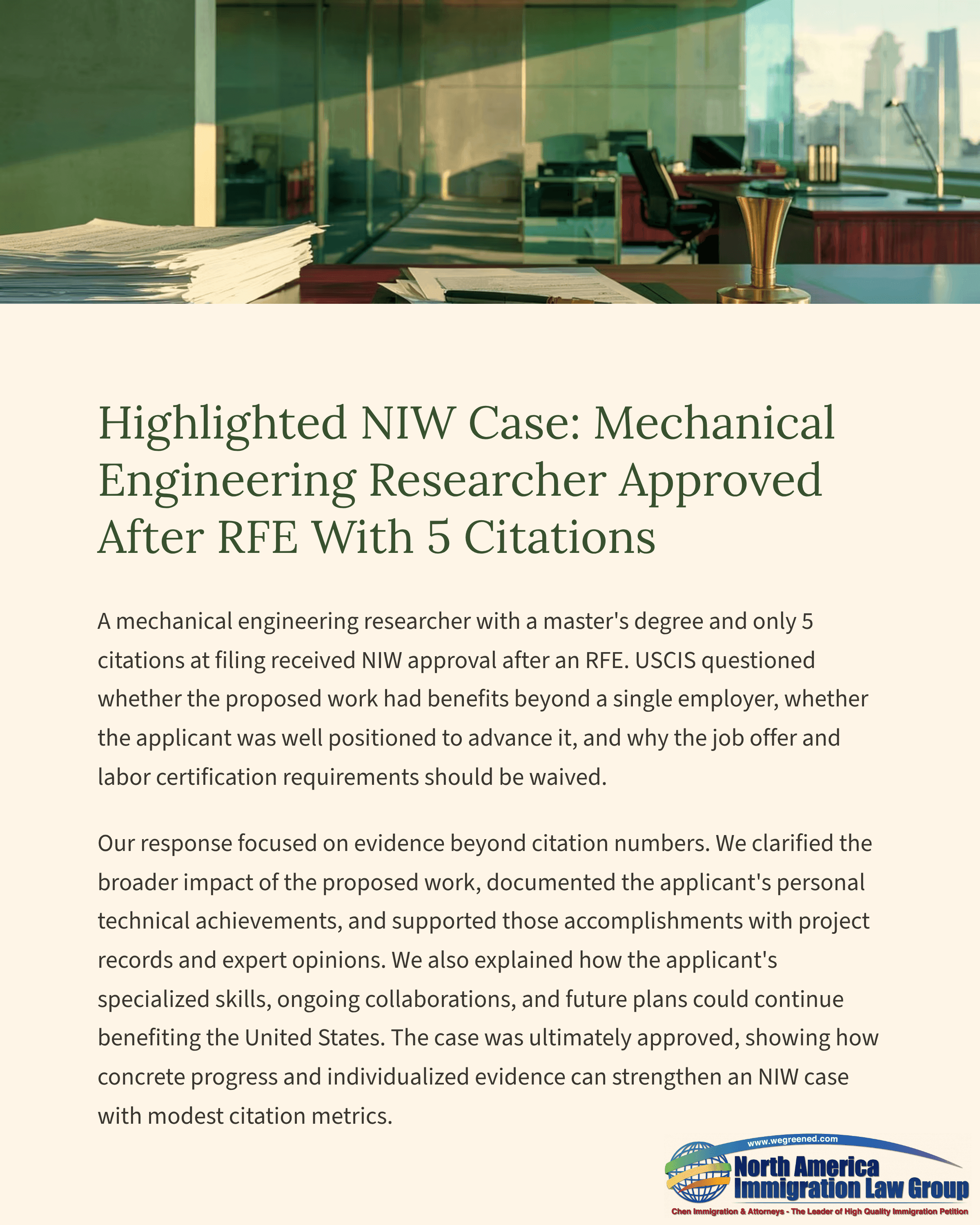 Document detailing a National Interest Waiver (NIW) case approval for a mechanical engineering researcher.
