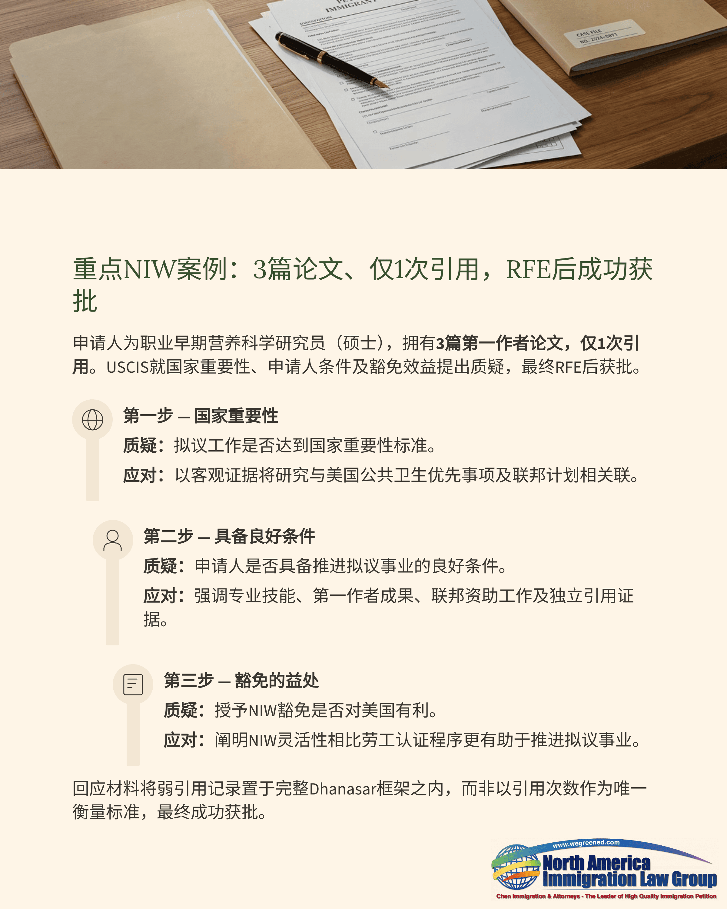 Document shows key H1B visa application steps and success story in Chinese.