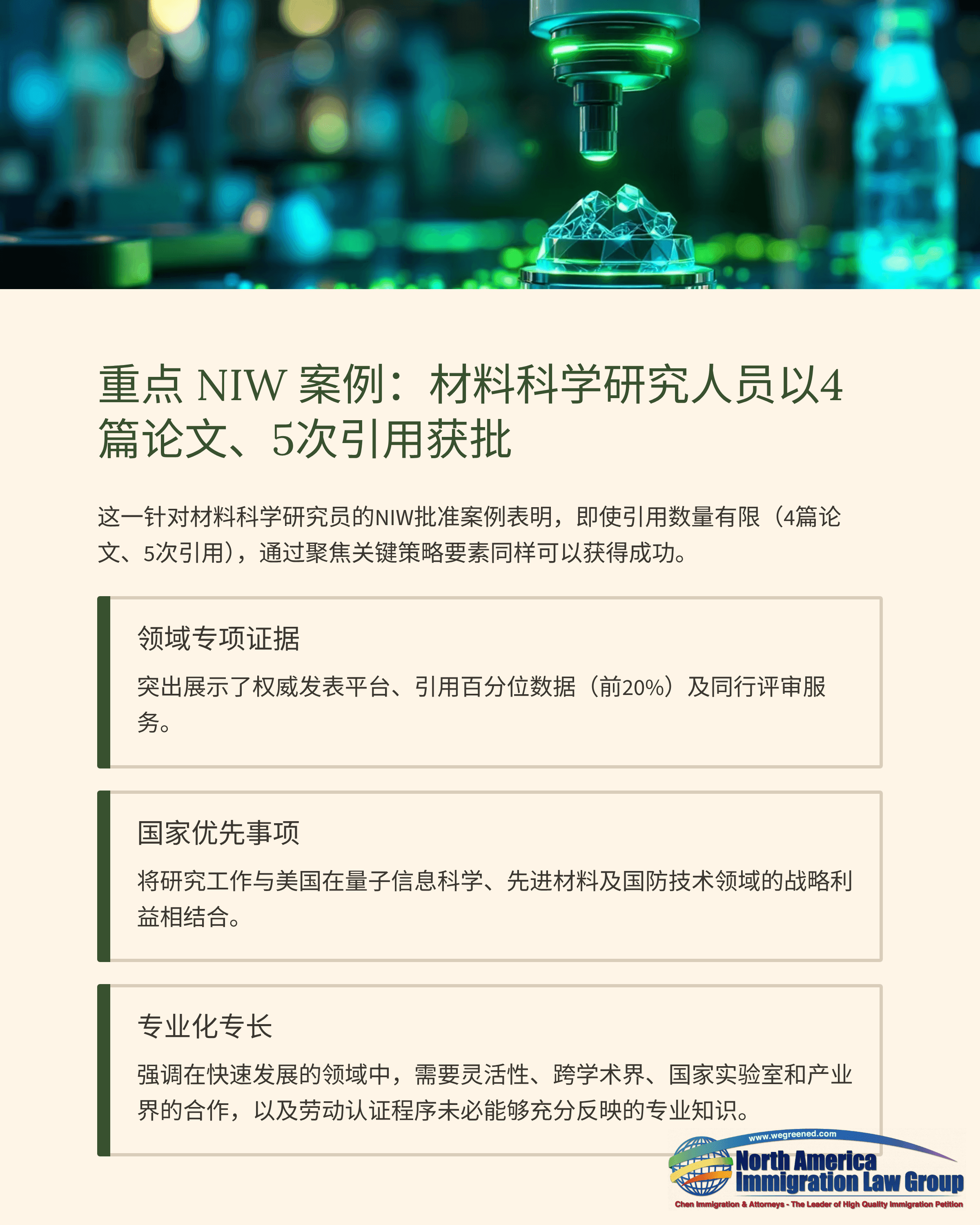 A dropper dispenses liquid in a lab, with text about a materials scientist's NIW approval.