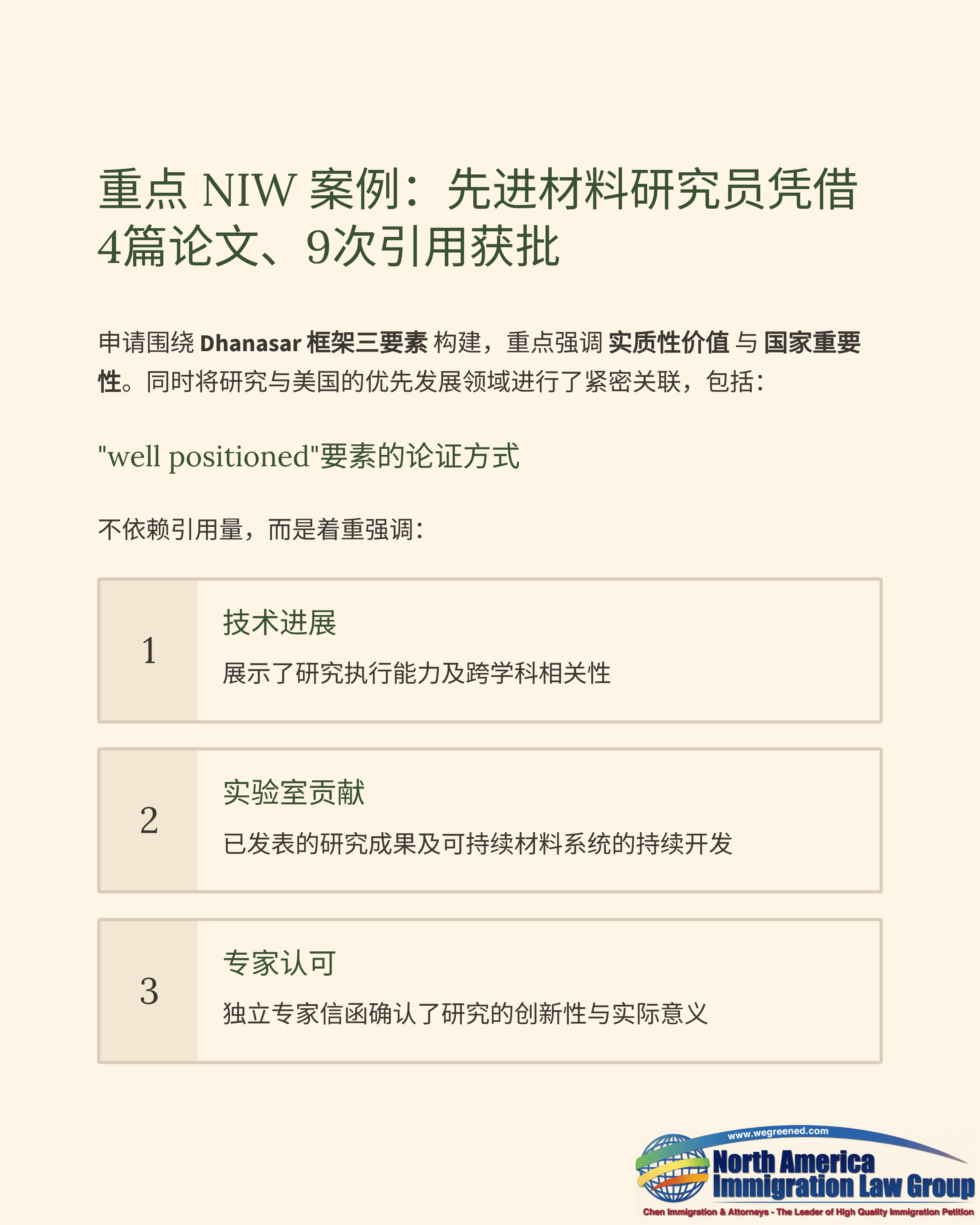NIW case study details an advanced materials researcher approved with 4 papers and 9 citations.