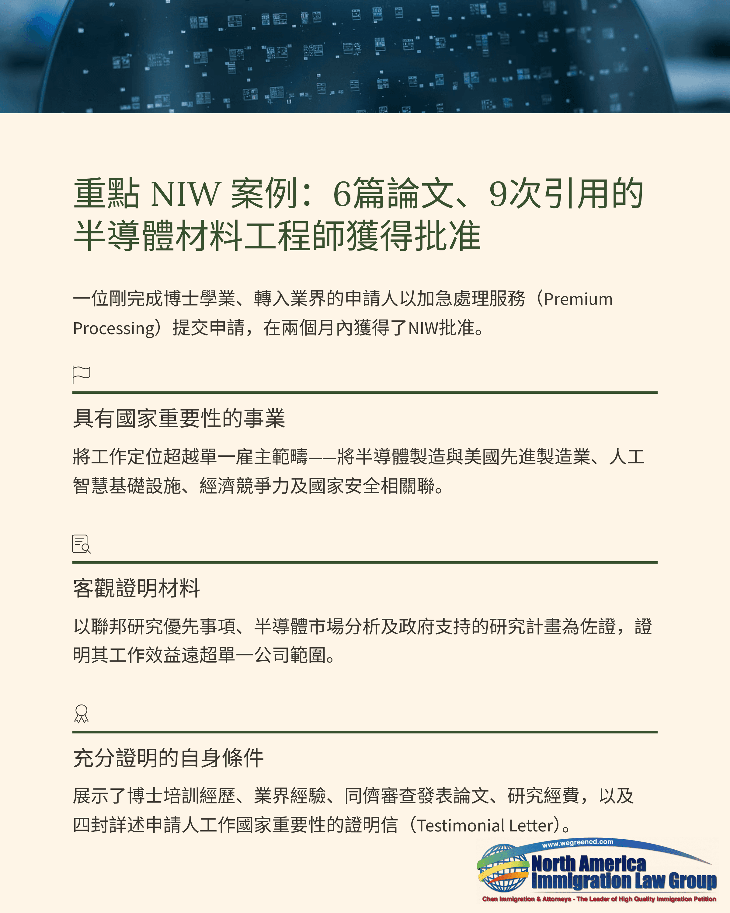 NIW case highlights an approved semiconductor engineer with 6 papers and 9 citations.