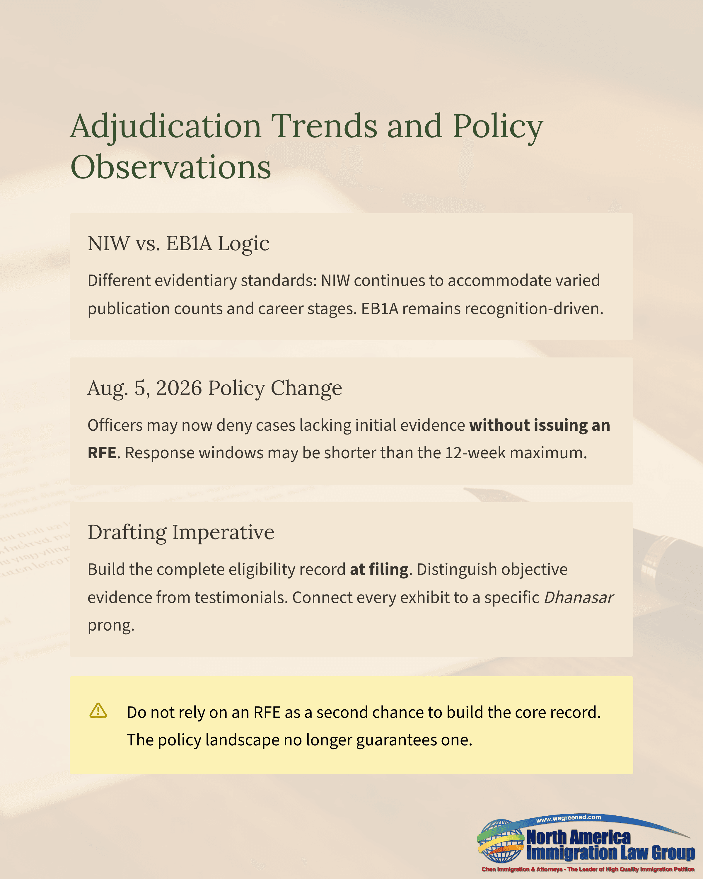 Document outlining adjudication trends and policy observations for immigration cases, highlighting key changes.