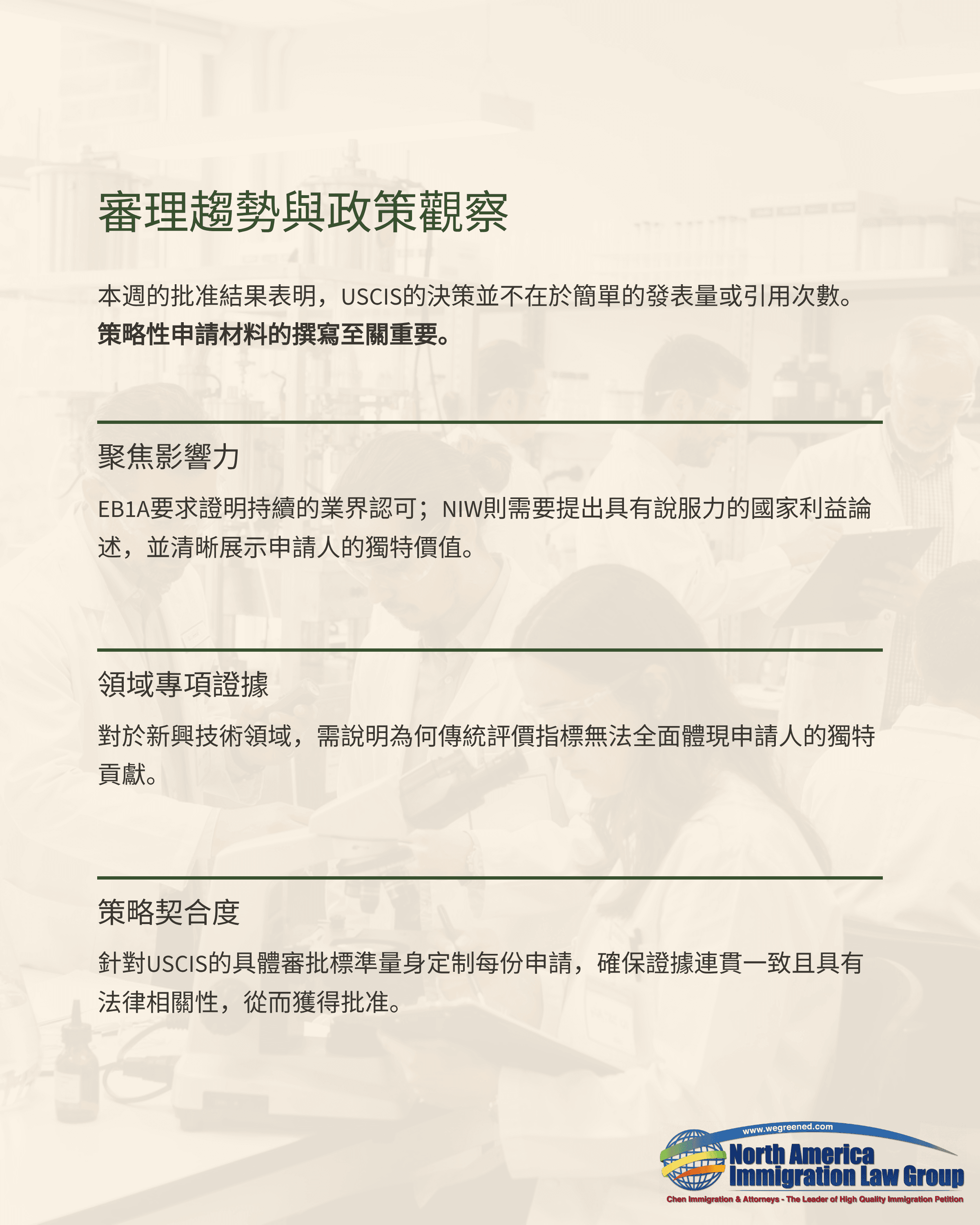 Document outlining North America Immigration Law Group's review principles and policy overview in Chinese.