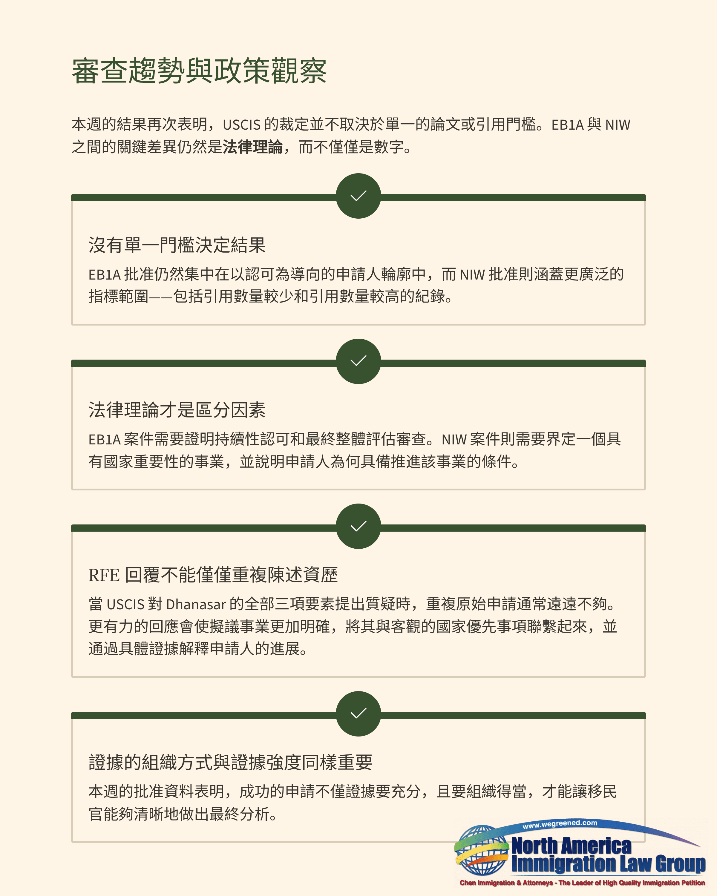 Chinese document detailing immigration trends and policy observations from North America Immigration Law Group.