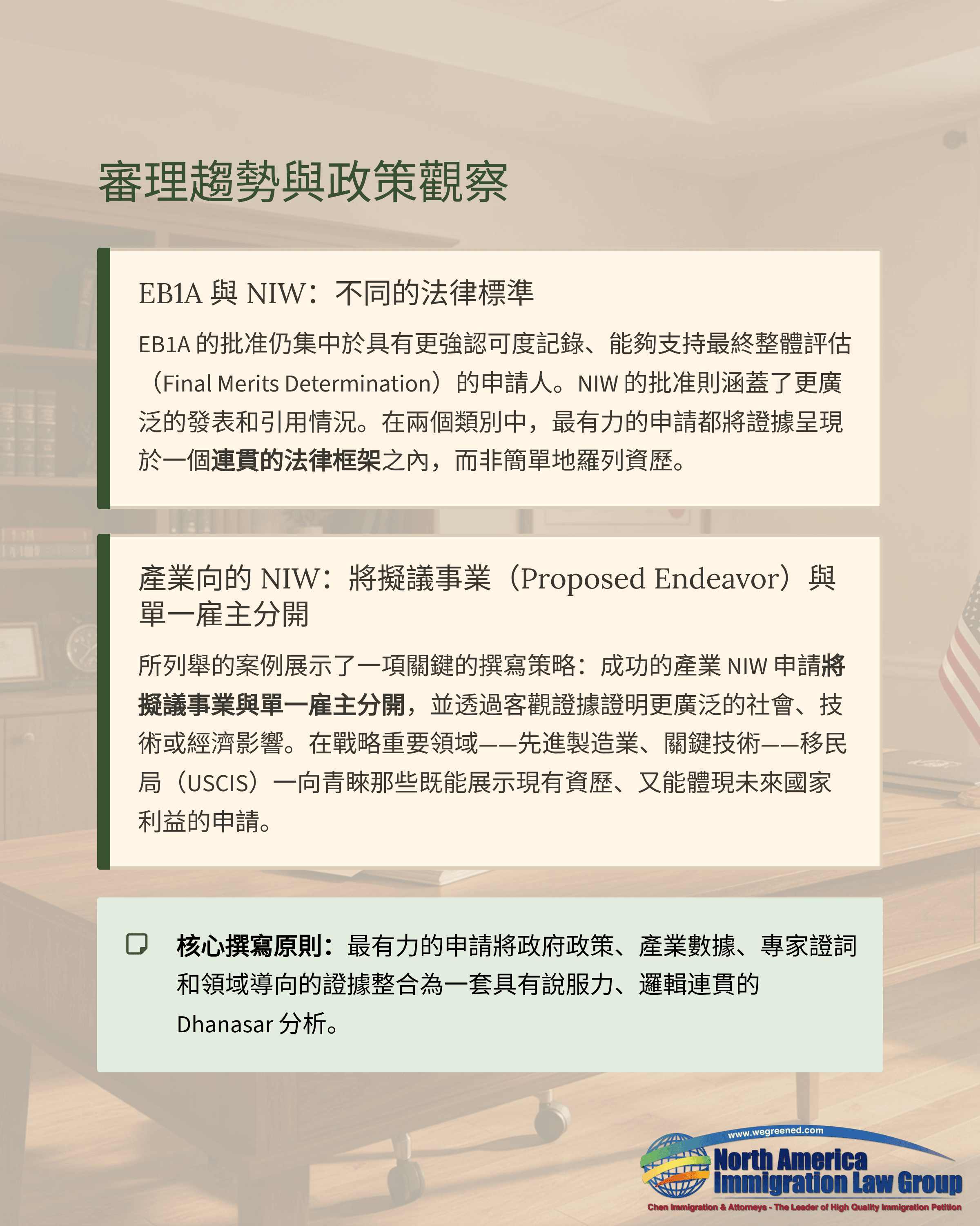 Chinese document from North America Immigration Law Group on I-140 NIW adjudication trends.