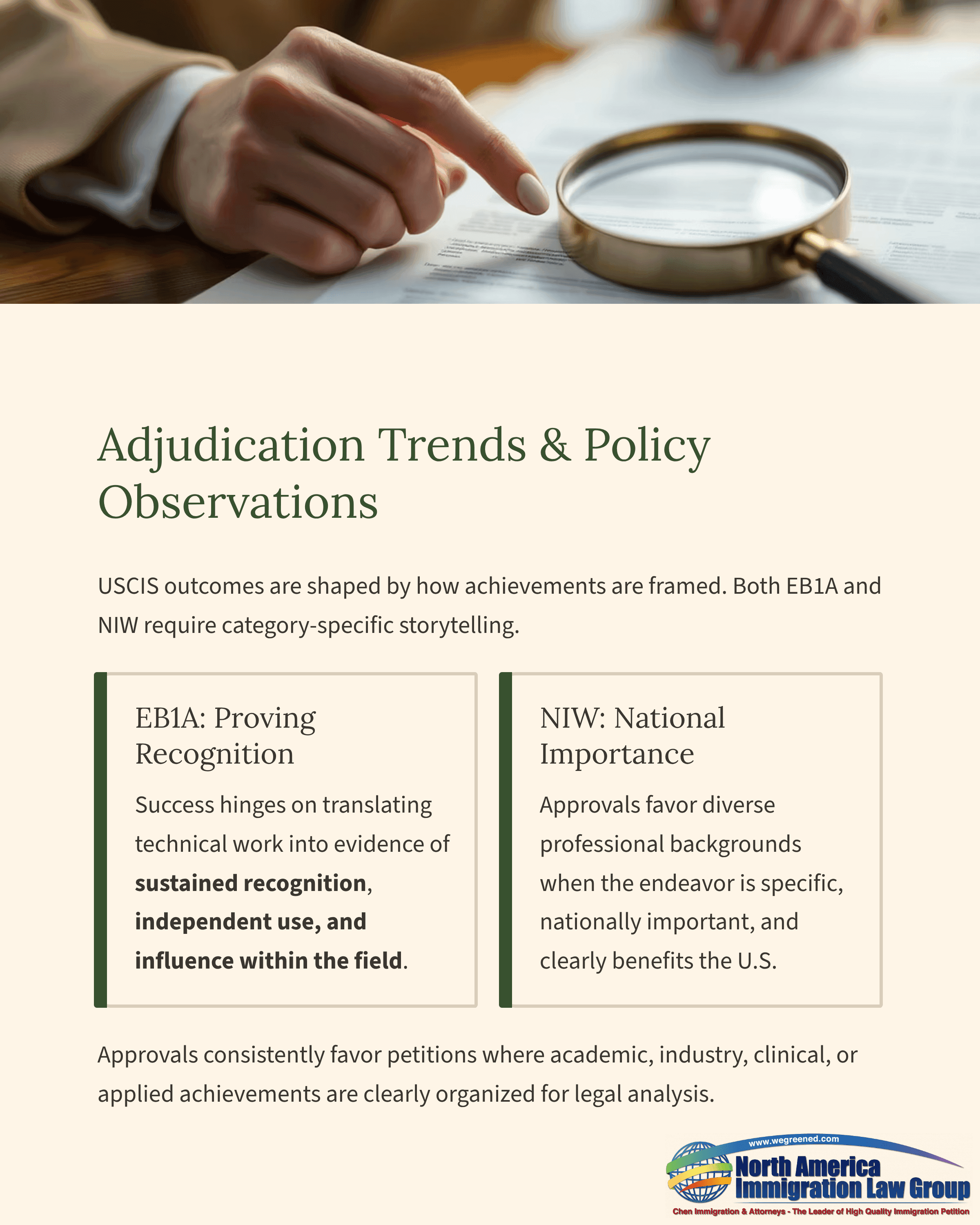 Hand points at a legal document with a magnifying glass, analyzing adjudication trends and policy.