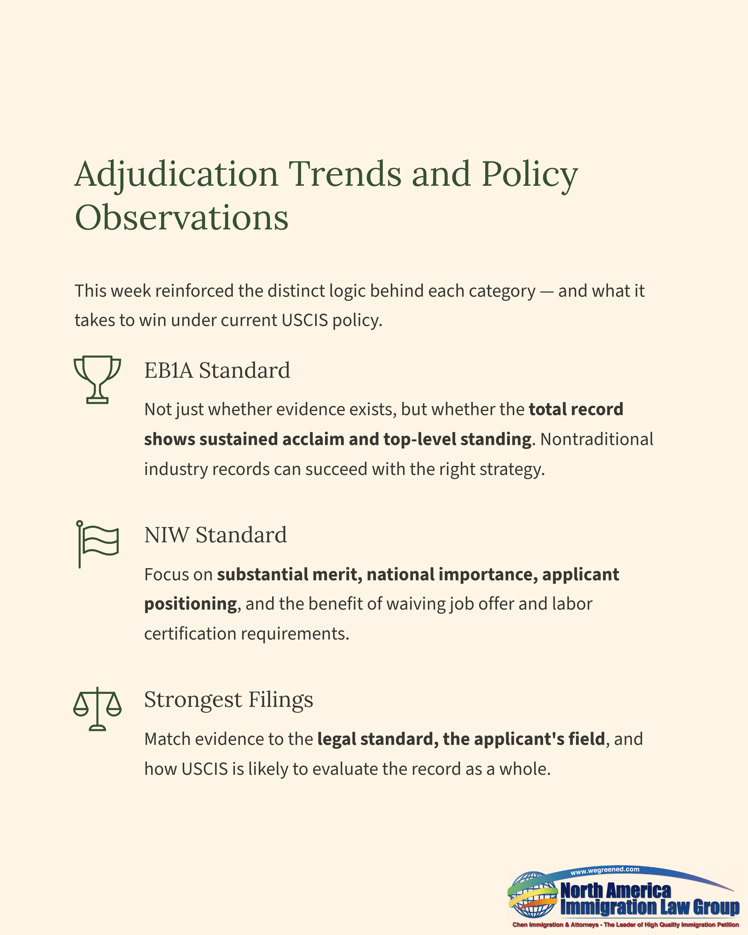 Document titled 'Adjudication Trends and Policy Observations' detailing immigration filing standards.