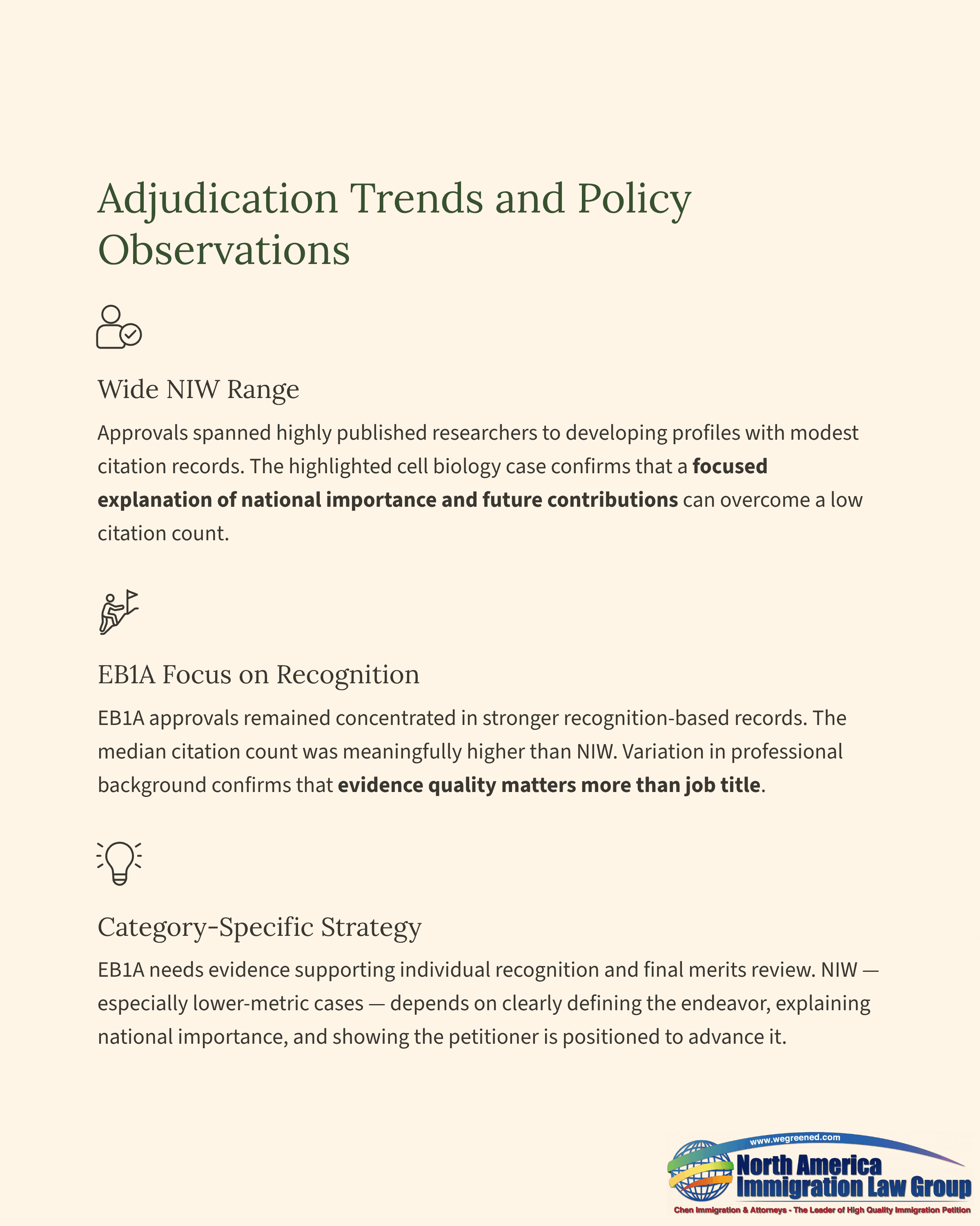 Adjudication Trends and Policy Observations document, outlining NIW range, recognition, and strategy.