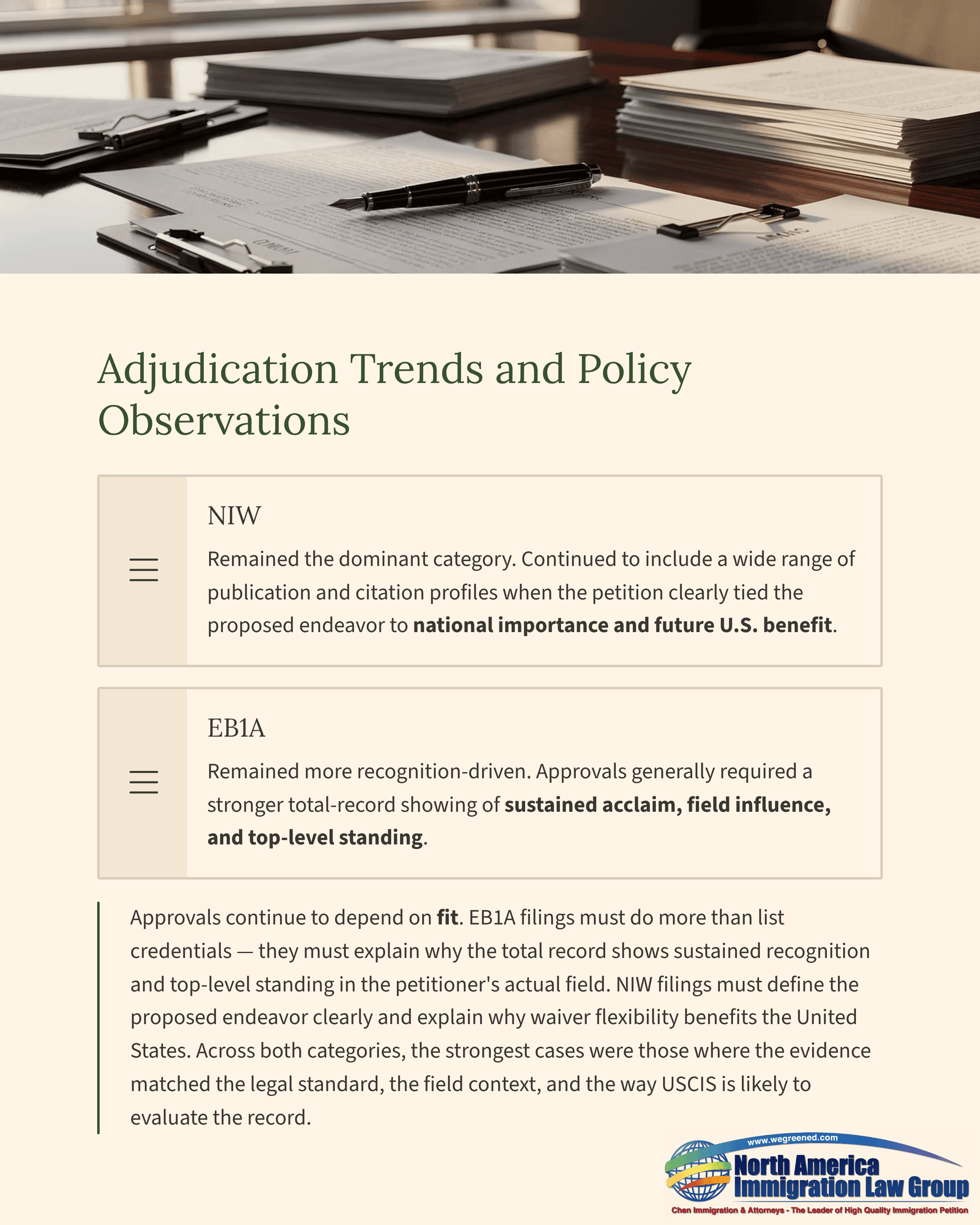 Document titled 'Adjudication Trends and Policy Observations' with legal text on immigration categories.