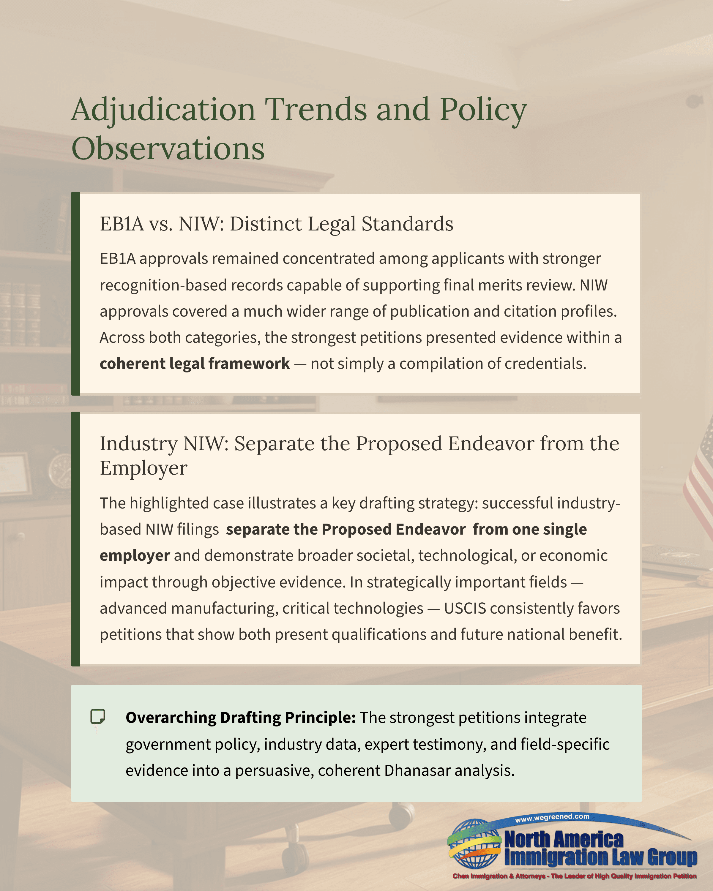 Document page detailing adjudication trends, policy observations, and legal standards in immigration law.