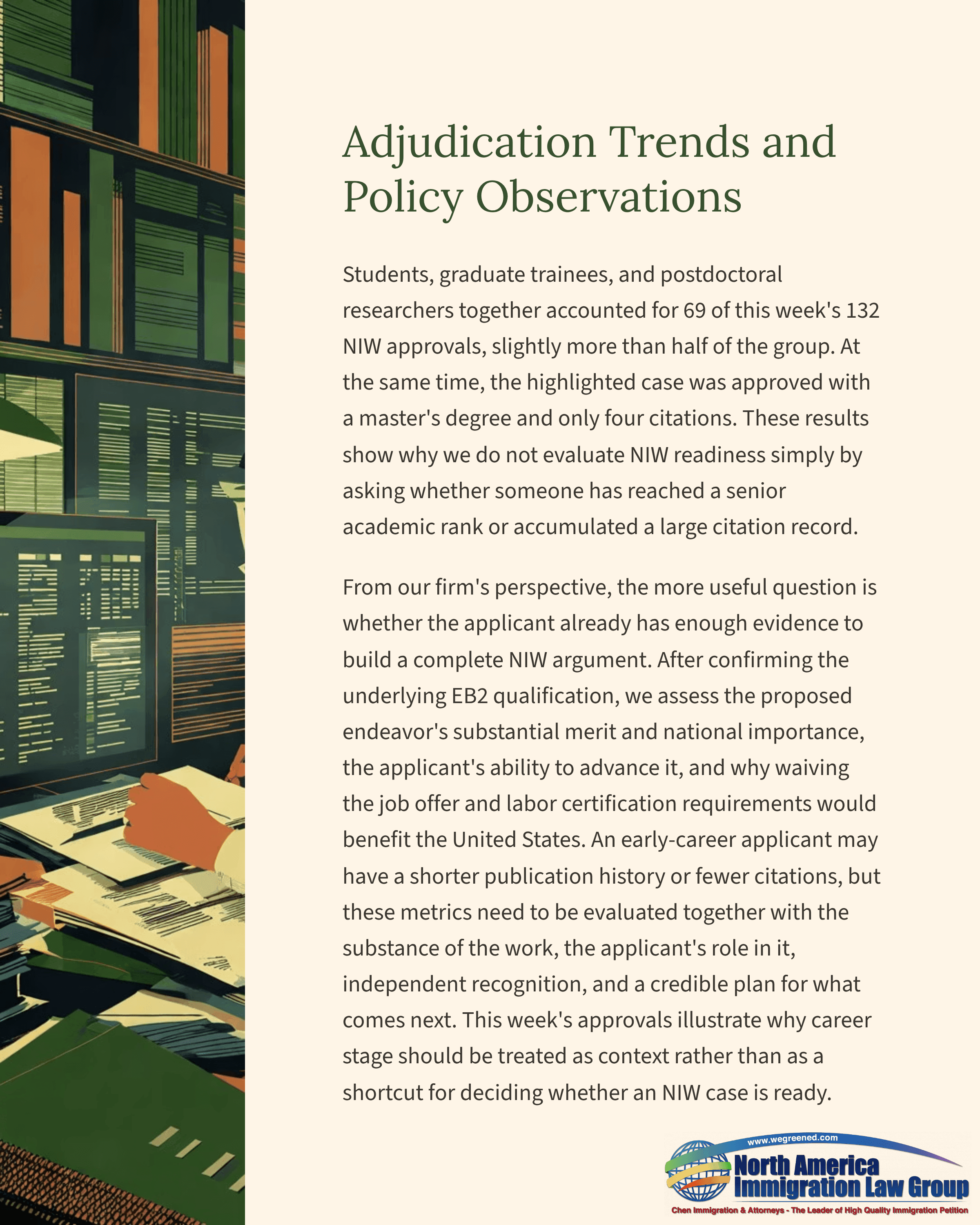 Document discussing adjudication trends and policy observations, with text and a blurred office background.
