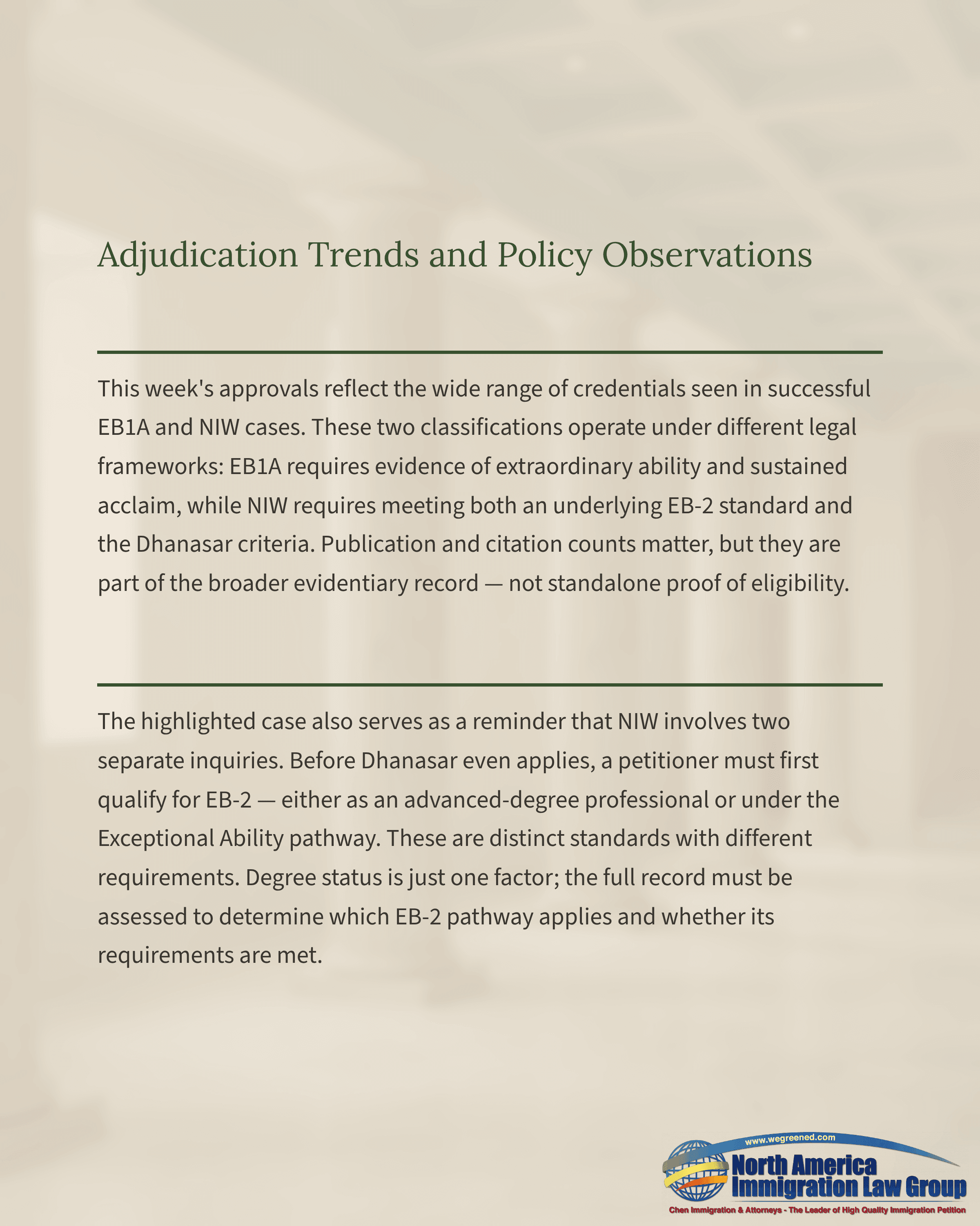 A document titled 'Adjudication Trends and Policy Observations' on immigration policy.