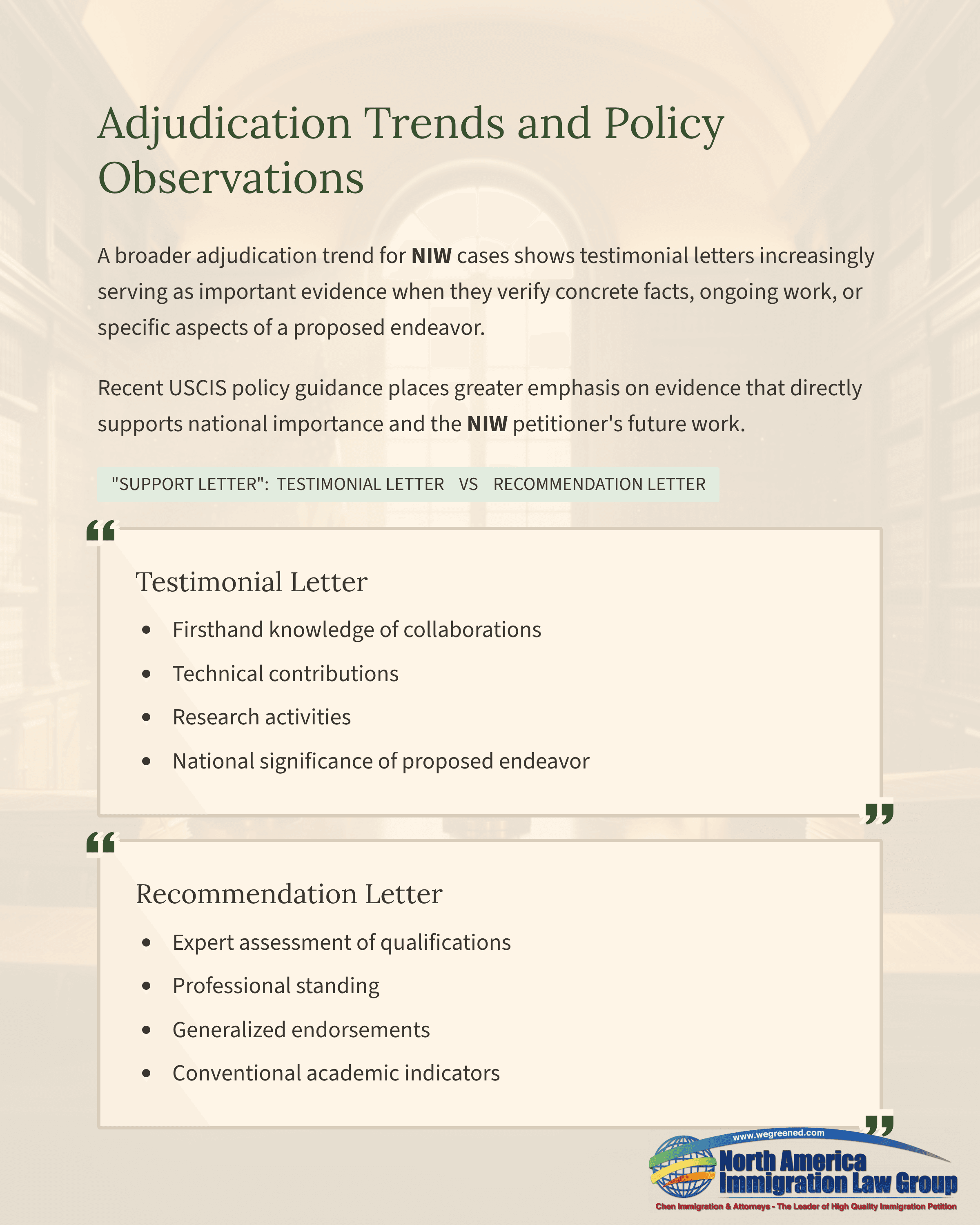 Document titled Adjudication Trends and Policy Observations detailing testimonial and recommendation letter criteria.