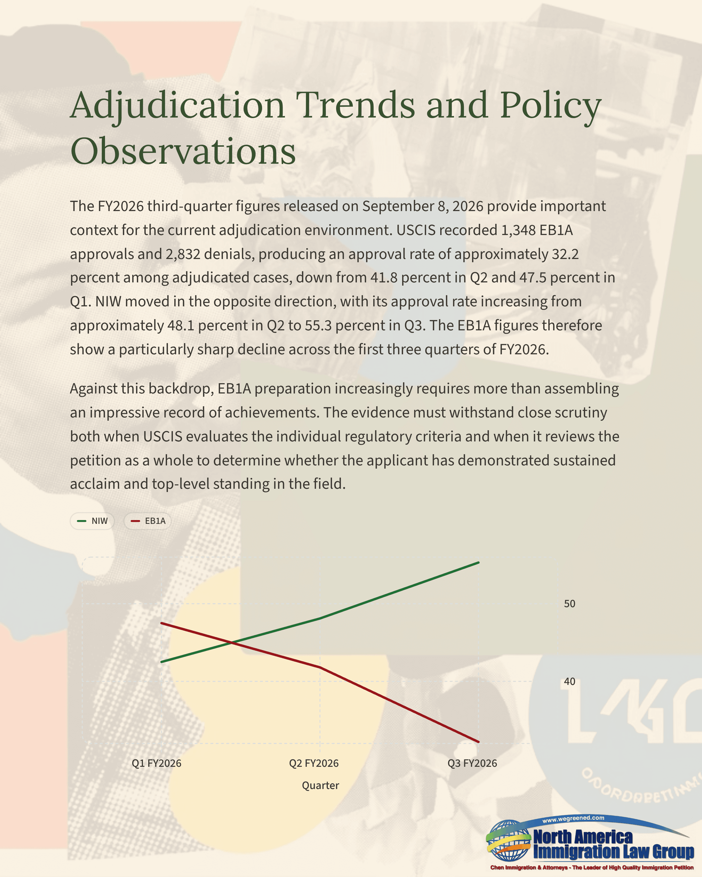 Document titled 'Adjudication Trends and Policy Observations' with a line graph.