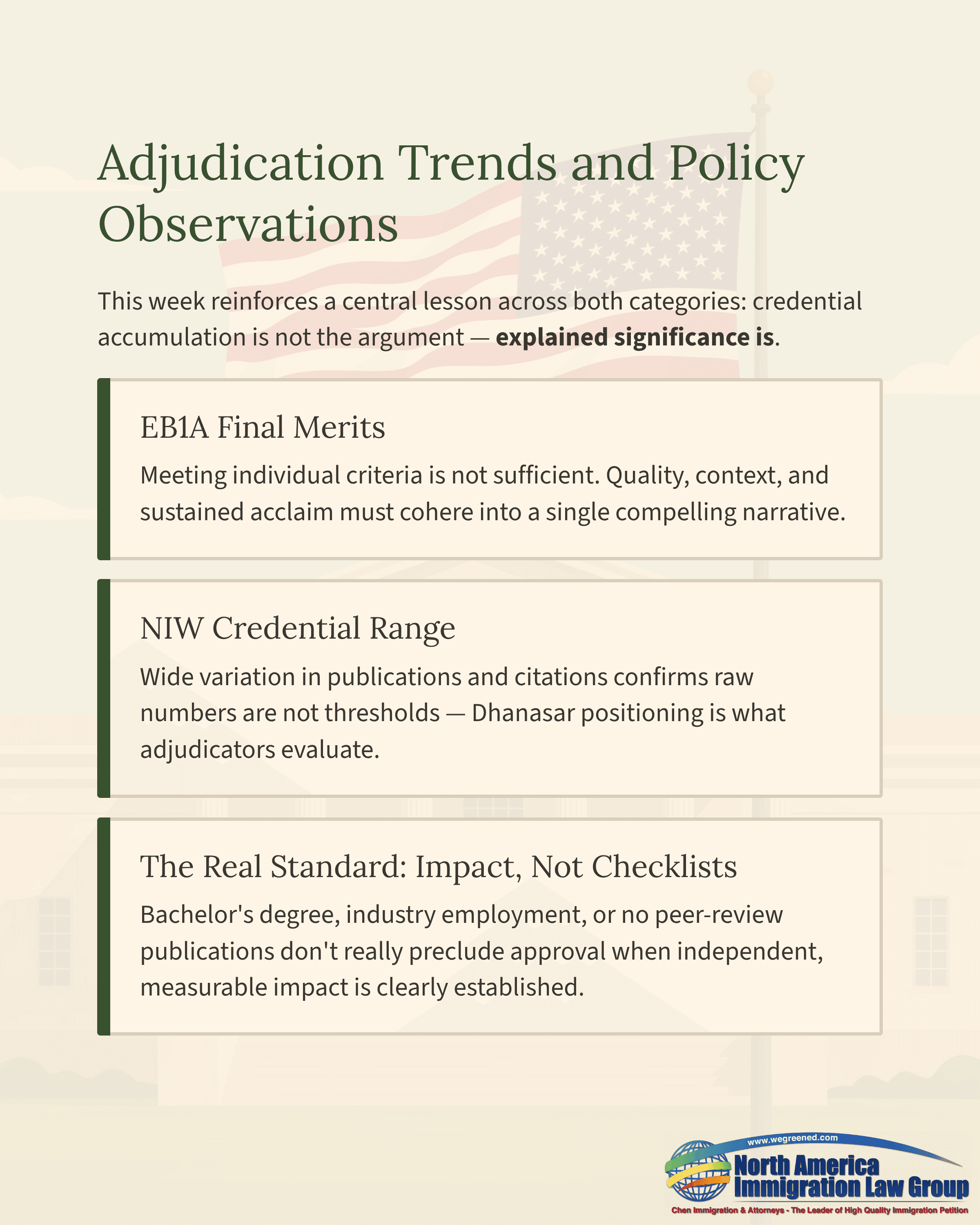 Document titled 'Adjudication Trends and Policy Observations' with three key points.