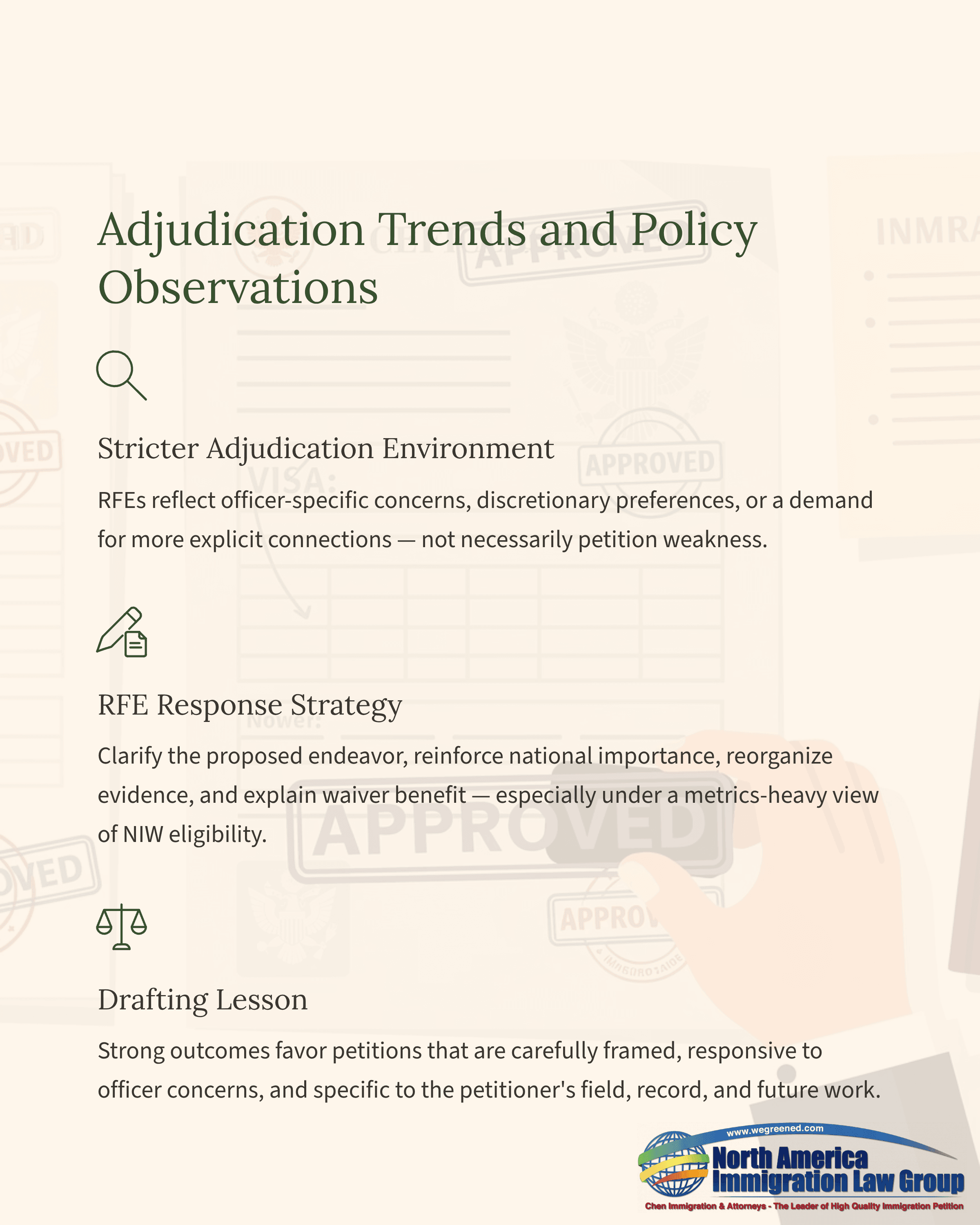 Document titled Adjudication Trends and Policy Observations outlines RFE response strategies and drafting lessons.