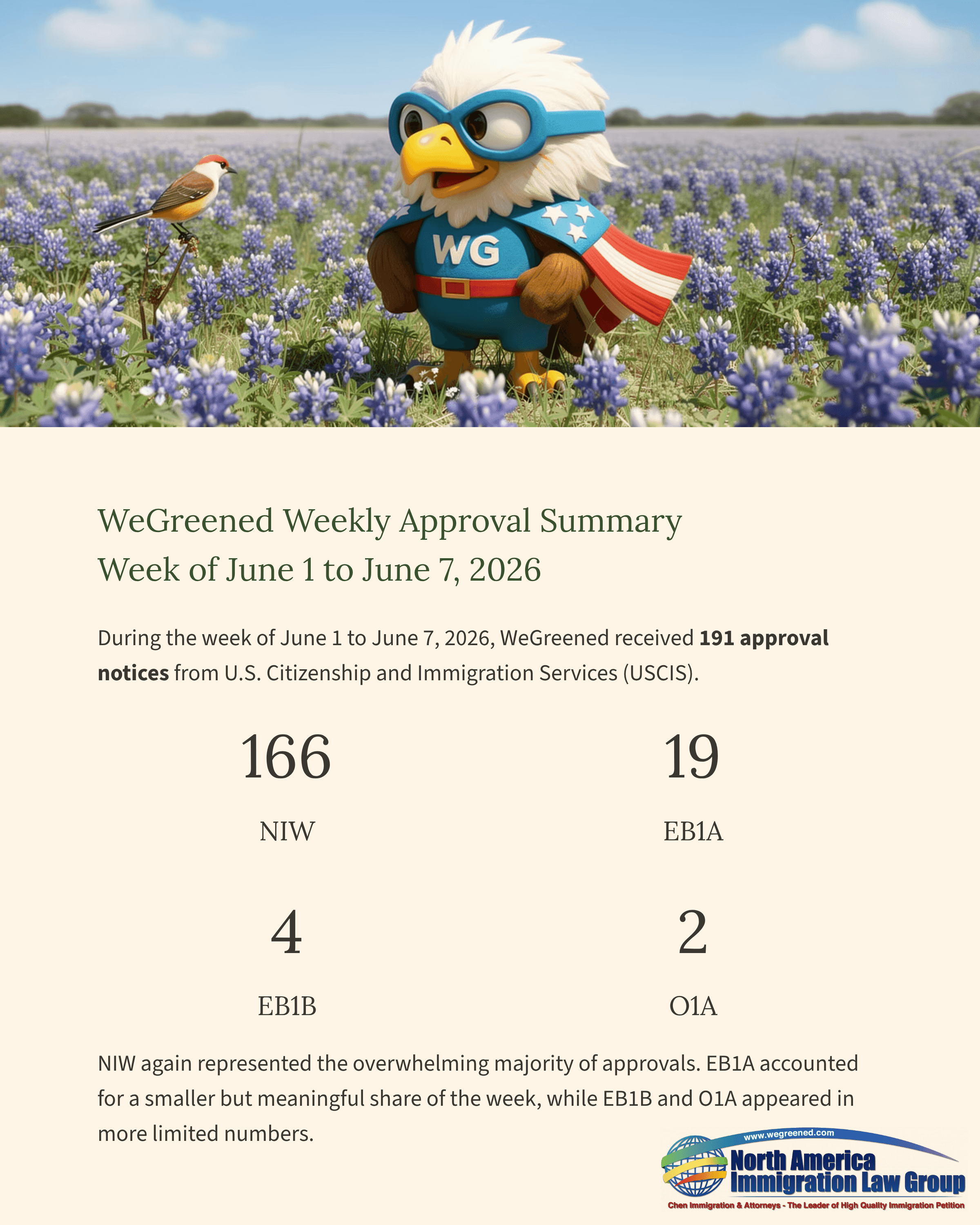Cartoon eagle superhero in a bluebonnet field overlooking an immigration approval summary.
