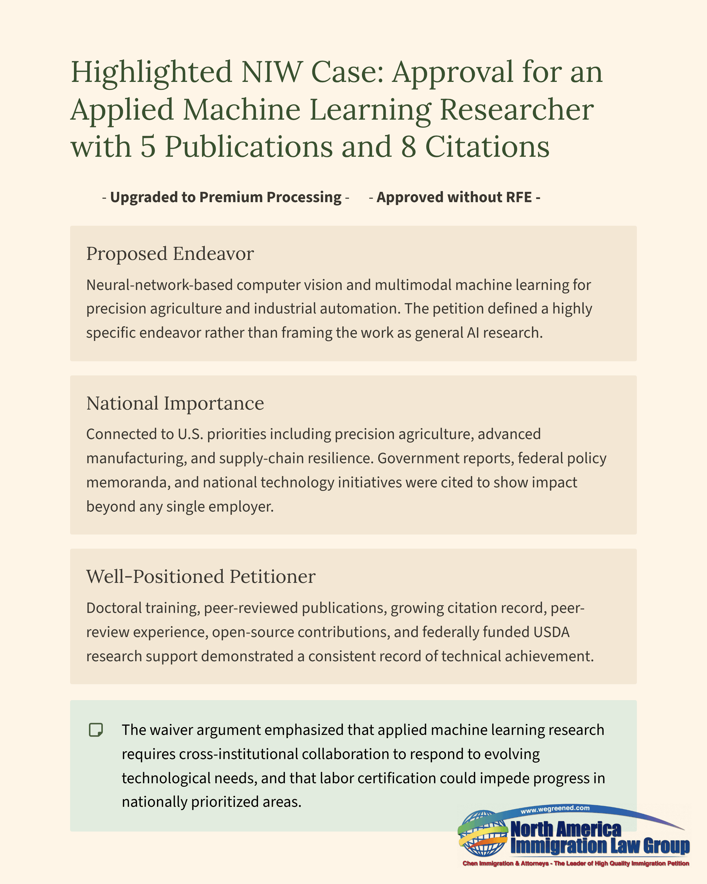 Document detailing the approval of an applied machine learning researcher with 5 publications and 8 citations.